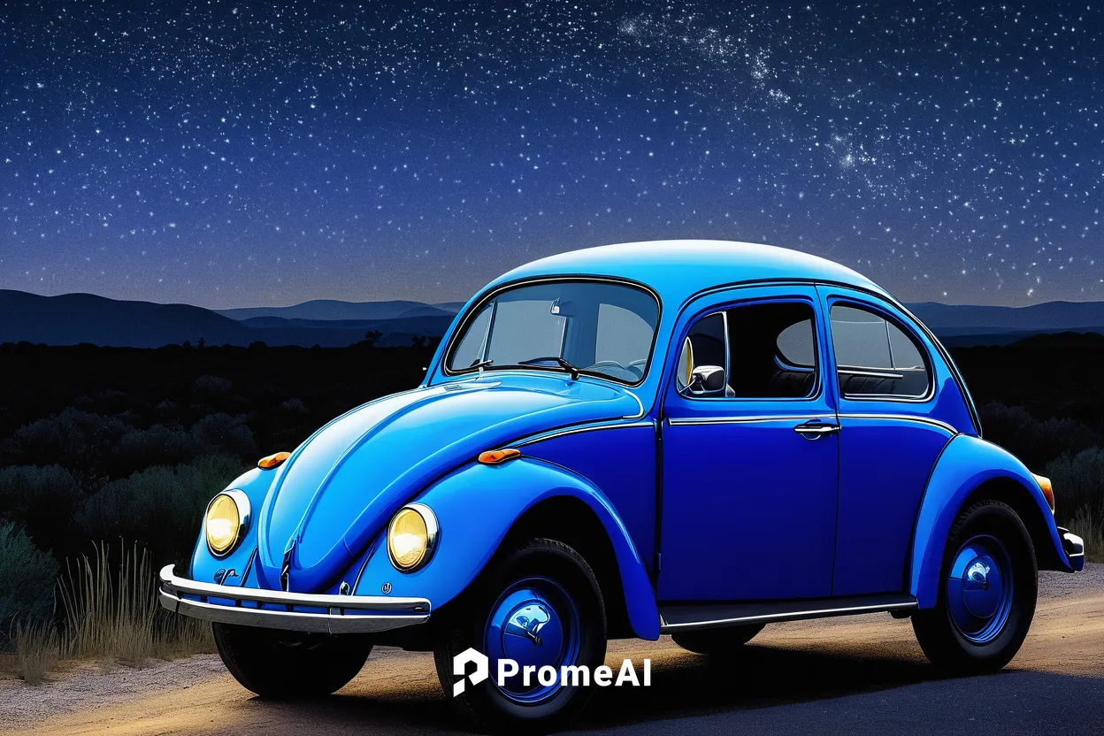 Design a minimalistic blue beetle poster with a starry night sky as the setting.,volkswagen beetle,volkswagen new beetle,the beetle,vw beetle,2cv,volkswagen vw,moon car,illustration of a car,beetle,vo