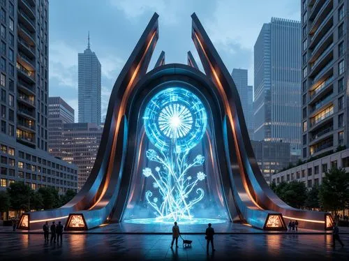 tron,futuristic architecture,futuristic art museum,dolphin fountain,arcology,alien ship,stargates,toroid,silico,electric arc,city fountain,metron,vibius,teleporter,portal,futuristic landscape,cybercity,futuristic,steel sculpture,public art