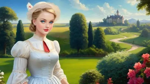 fairy tale character,fantasy picture,golf course background,princess sofia,dorthy,3d background