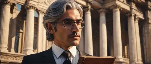 Middle-aged male historian, bespectacled, grey hair, formal suit, white shirt, black tie, holding a vintage book, standing in front of a grand stone building, ornate carvings, classical columns, intri