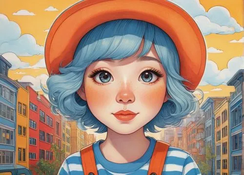 clementine,hausser,illustrator,girl wearing hat,kids illustration,zamka,girl portrait,retro girl,vector girl,eloise,pippi,ramona,cute cartoon character,city ​​portrait,marinette,storybook character,kalinka,jasinski,miette,girl with speech bubble,Illustration,Japanese style,Japanese Style 15