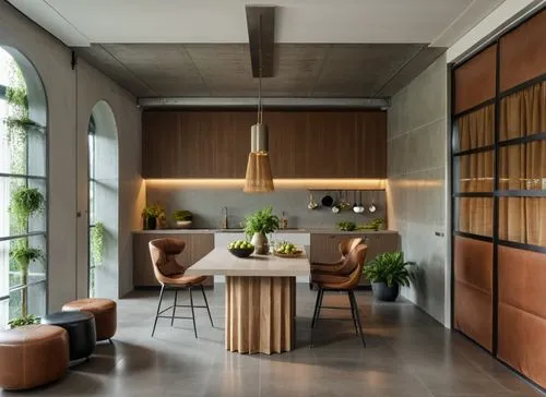 Industrial Design with realistic image,this is an industrial kitchen and dining area,corten steel,kitchen design,modern kitchen interior,tile kitchen,interior modern design,minotti,Photography,General