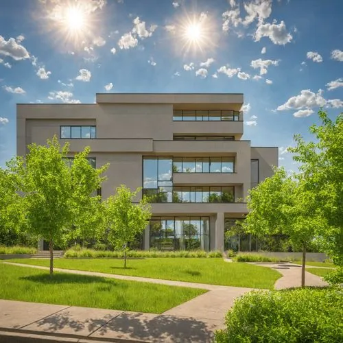 the sun is shining behind two tall buildings,umkc,ocu,biotechnology research institute,gvsu,nku,gmu,Season,Summer