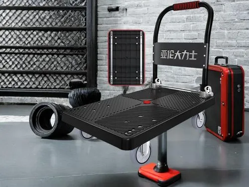 the black aluminum frame with wheels holds an exercise equipment,hand truck,workout equipment,liftgate,powermat,tyre pump,the speaker grill