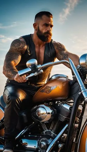 A man god of war style powerful muscles with tattoed body wearing leather  a swim suit is driving a classic harley davidson motorcyle, in the style of intense chiaroscuro portraits, luxurious interior