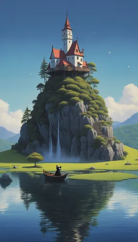 studio ghibli,house with lake,floating island,house by the water,islet,an island far away landscape,summit castle,home landscape,flying island,water castle,the island,fantasy landscape,floating islands,fairytale castle,monkey island,fairy tale castle,landscape background,mushroom island,island,islands,Art,Artistic Painting,Artistic Painting 48