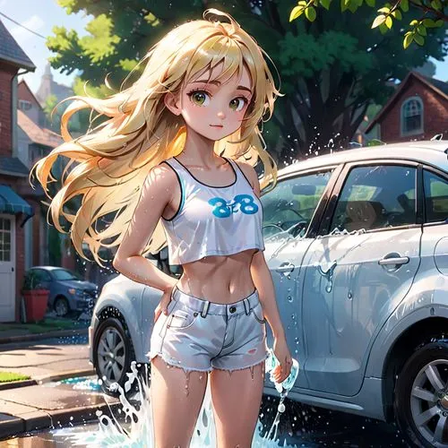 A beautiful young woman,long silky blonde hair, wearing a white tight crop top with a white denim short shorts, sprayed with water from.head to toe, while washing the car in the bright morning ? Hair,