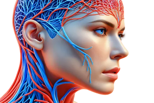 Facial nerve system, detailed illustration, 3D visualization, colorful anatomy, transparent skin, visible muscle fibers, intricate network of nerves, blue and red colors, soft glowing effect, close-up