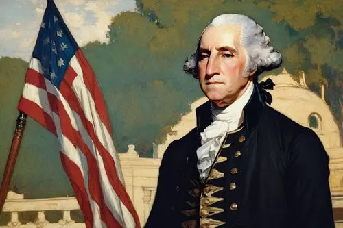 George Washington, 60yo, mature, serious expression, powdered wig, blue eyes, dignified nose, subtle wrinkles, white shirt, golden buttons, black waistcoat, white stockings, black boots, holding a swo