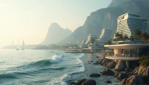 themyscira,tropico,futuristic landscape,seaside resort,shorefront,beachfront,seaside view,oceanfront,amanresorts,south seas,imperial shores,niteroi,coastline,seasteading,atlantean,futuristic architecture,riviera,atlantica,seafront,south pacific,Photography,General,Realistic