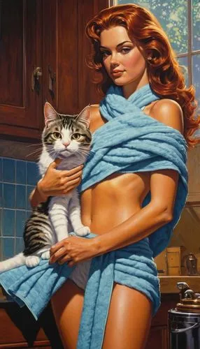 kitchen towel,girl in the kitchen,red tabby,cleaning woman,woman holding pie,domestic cat,domestic animal,housework,housewife,girl with cereal bowl,washing dishes,chores,redheads,breast-feeding,modern pop art,ginger cat,étouffée,firestar,vintage art,womanhood,Illustration,American Style,American Style 07