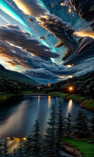 fantasy landscape,swirl clouds,futuristic landscape,beautiful landscape,epic sky,fantasy picture,reflection of the surface of the water,nature landscape,virtual landscape,reflection in water,northen lights,landscapes beautiful,dramatic sky,nothern lights,mountain landscape,landscape background,incredible sunset over the lake,alien world,cloud formation,beautiful lake