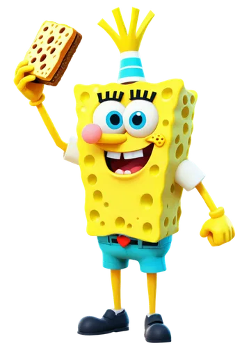 SpongeBob SquarePants, cartoon character, yellow skin, porous body, bright blue eyes, enthusiastic facial expression, iconic square pants, white shirt, optimistic posture, standing, holding a Krabby P