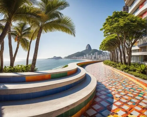 Modern Brazilian architecture, colorful buildings, vibrant tiles, curved lines, tropical plants, palm trees, Rio de Janeiro, Copacabana beach, ocean view, sunny day, bright lighting, 3/4 composition, 