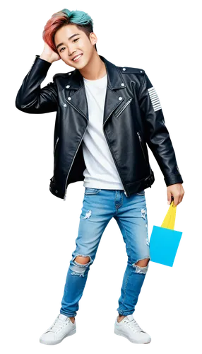 Popular K-pop idol, young boy, charismatic smile, stylish hair, bold eyebrows, sparkling eyes, fashionable outfit, leather jacket, ripped jeans, sneakers, confident pose, one hand in pocket, dynamic l