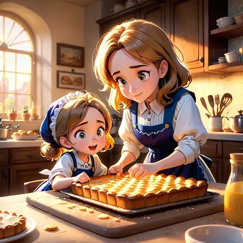 woman holding pie,girl in the kitchen,star kitchen,madeleine,pasteleria,reibekuchen,Anime,Anime,Cartoon