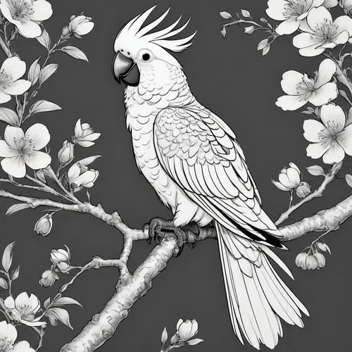 flower and bird illustration,ornamental bird,an ornamental bird,bird illustration,line art birds,kagu,Illustration,Black and White,Black and White 08