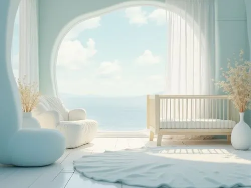 baby room,room newborn,nursery decoration,window with sea view,baby bed,sunroom,daybed,nursery,arcona,bassinet,window curtain,white room,bay window,soft furniture,bedroom,plantation shutters,the little girl's room,sleeping room,blue room,3d rendering,Photography,General,Realistic