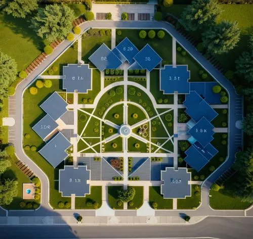 Сделай стилизованную раскраску генплана, светла и нежная картинка ,aerial view of a house in the middle of a park,the center of symmetry,bird's-eye view,from above,symmetrical,view from above,overhead