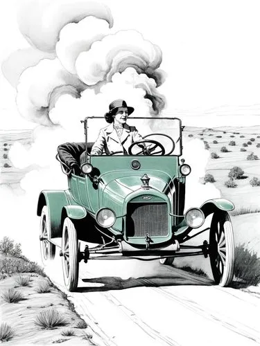 Pen drawing: Mrs. Clara Jane Ford is at the center of the action. She is driving a Ford (Model T) through a Texan landscape, its dark green paint reflecting the bright sunlight. The intricate details 