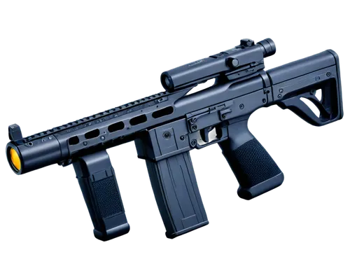 P90 rifle, gunmetal grey, detailed texture, ergonomic grip, folding stock, Picatinny rail, reflex sight, tactical flashlight, 45-degree angle, low-angle shot, dramatic lighting, cinematic composition,