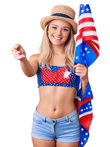 American girl, 4th of July party, festive outfit, red white blue colors, star-spangled top, high-waisted denim shorts, patriotic hat, blonde hair, bright smile, sparkling eyes, holding American flag, 