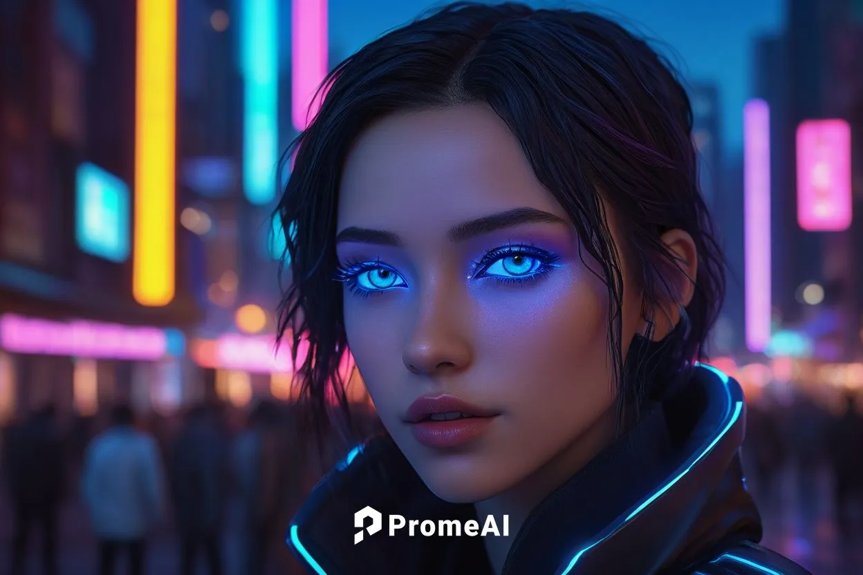 Fake AI generated human-like faces, various skin tones, realistic detailed facial features, subtle expression changes, 3D modeled, high-poly count, futuristic neon glow accents, metallic cyberpunk und