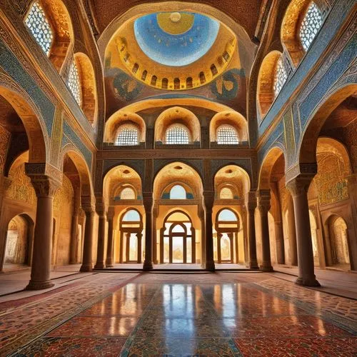 Majestic building, Byzantine mosaic architecture, intricate patterns, golden domes, grand entrance, ornate columns, vibrant colored tiles, arches, Islamic geometric shapes, luxurious carpets, majestic