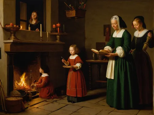 candlemas,candlemaker,children studying,santons,candlestick for three candles,domestic heating,fireplaces,flemish,hearth,first advent,christmas scene,partiture,girl in the kitchen,mother with children,young women,parents with children,carol singers,fireside,mulberry family,fire place,Art,Classical Oil Painting,Classical Oil Painting 41