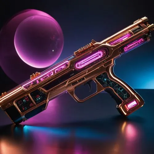 Photorealistic lifelike 4K. With many of its components made of (Obsidian) and Shown in its entirety in rifle-like configuration with sweeping overlapping components and multi-colored led lights with 