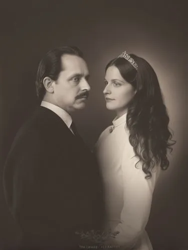 Official black and white photo double portrait of Their Majesties King Charles I and Queen Olga of Württemberg.,an old pograph of a man and woman,dussander,roaring twenties couple,forsyte,ziegfeld,nin