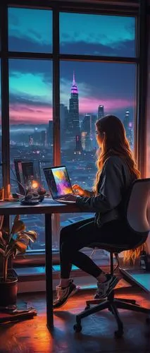 girl at the computer,blur office background,girl studying,working space,world digital painting,night administrator,women in technology,work from home,modern office,remote work,desk,in a working environment,office desk,creative office,office worker,work at home,dusk background,evening city,work space,cyberpunk,Photography,Documentary Photography,Documentary Photography 27