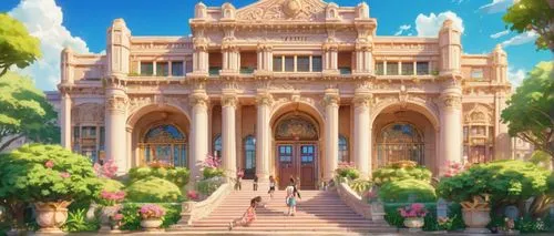 Ancient Legends-themed building, architectural landmark, Houston cityscape, grand stone structure, intricately carved details, imposing columns, ornate facade, majestic entrance, sprawling stairs, lus