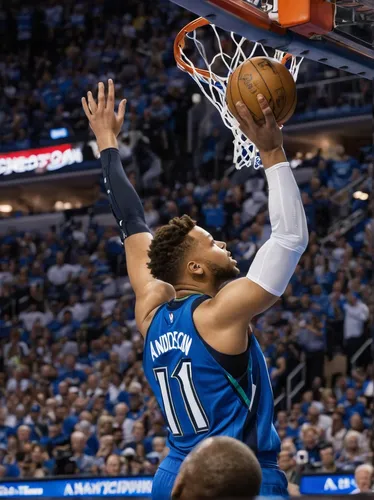 Dallas Mavericks guard Justin Anderson (1) hangs on the rim after dunking the ball during the second quarter of game 4 of their series against the Oklahoma City Thunder in the first round of NBA playo