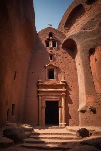 exterior photography of the church of san jorge, Carved out of solid reddish volcanic rock, ((soft contrast)), Etiopia,haddou,benmerzouga,petra,ancient house,ancient buildings,ouarzazate,spitzkoppe,to