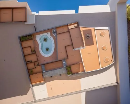 es un plano con un patio casi en el centro tine volados horizaontales es un a  vivienda del movimiento moderno,roof top pool,sky apartment,3d rendering,habitaciones,courtyards,house roofs,roof landsca