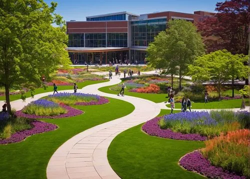 Accredited, landscape architecture programs, modern university campus, green roofs, eco-friendly buildings, lush trees, vibrant flower beds, winding stone paths, tranquil ponds, fountain show, sunny d