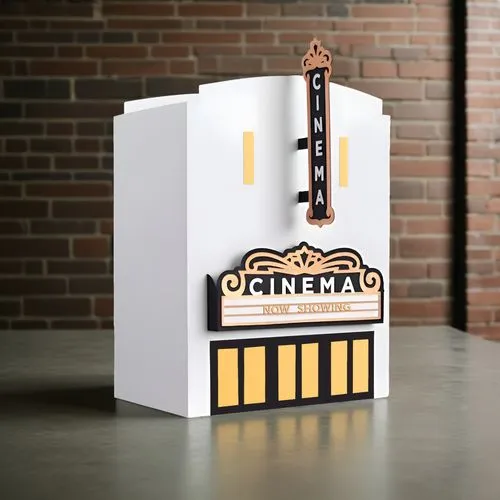 a 3d theatre sign sitting on top of a table,beer dispenser,popcorn machine,pills dispenser,dispenser,vending machine,cinema 4d