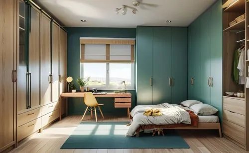 Modern contemporary childrens room. double bed on the right side, wardrobe with desk on the left side, curtains from ceiling to floor next to the window, natural oak wooden floor, green accent colors.