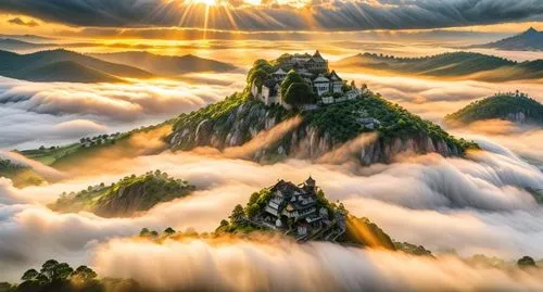 mountain sunrise,cloud mountain,sea of clouds,mountain peak,mountain landscape,foggy mountain