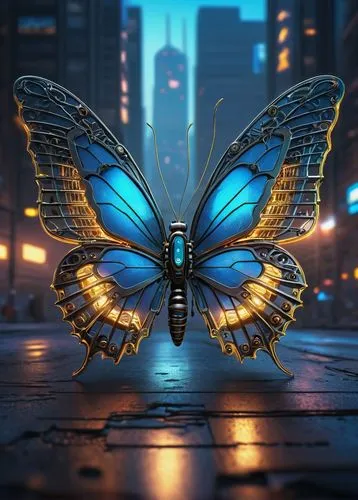 Butterfly, transformation, futuristic, sci-fi, mechanical, metallic, shiny, silver, golden, glowing blue circuits, intricate details, delicate wings, transparent, iridescent, holographic, robotic, eff