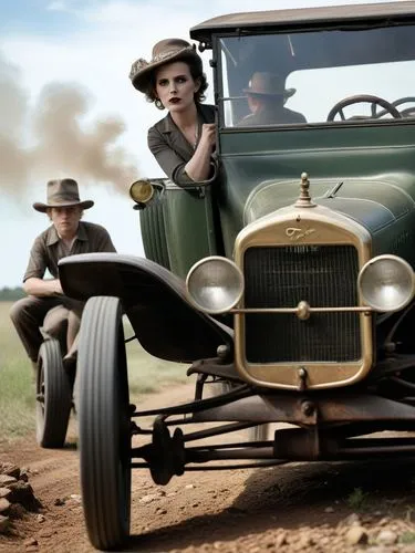 The Ford (Model T) chugs through a Texan landscape, its dark green exterior reflecting the bright sunlight. The intricate details of the old car impress the expert, while the hood looks quite rusty. S