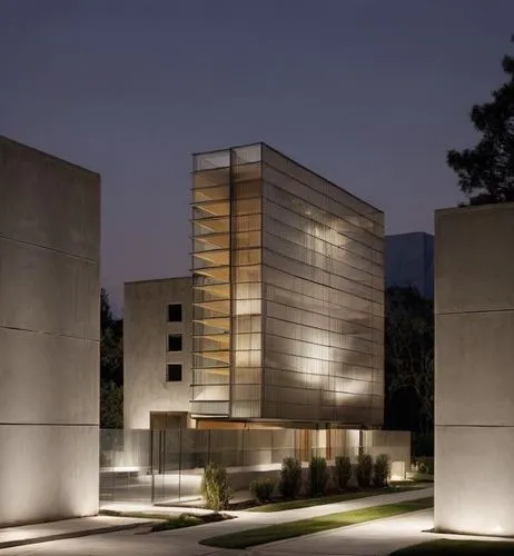 (dusk:1.5),a large building with two tall walls and lights on the top of it,csula,mfah,caltech,csulb,ucsd,columbarium,Architecture,Commercial Building,Modern,Mid-Century Modern