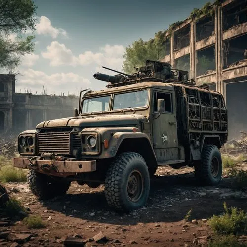 Generate an image of a post-apocalyptic landscape, featuring a mix of natural and man-made elements. Abandoned military vehicle Include crumbling buildings, overgrown vegetation, and a sense of danger