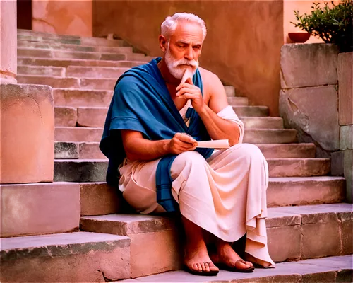 ancient Greek philosopher, old man, white beard, wrinkled face, thinking pose, holding scroll, wearing toga, sitting on stone stairs, warm lighting, soft focus, cinematic composition, shallow depth of