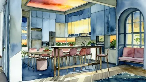 watercolor tea shop,watercolor cafe,an apartment,sunroom,apartment,watercolor background,kitchen,breakfast room,sky apartment,kitchen interior,house painting,the kitchen,livingroom,living room,shared apartment,appartement,apartment lounge,dining room,interior design,sitting room,Photography,General,Realistic