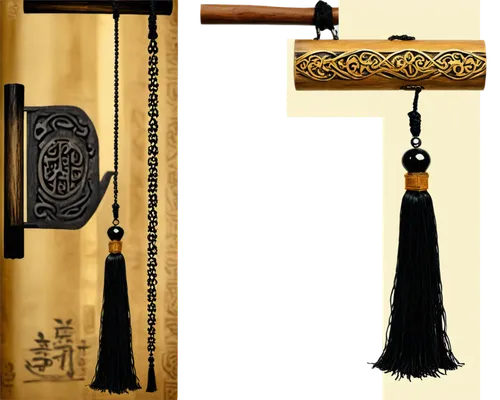 Ancient Chinese scroll, yellowed parchment, intricate black ink painting, golden silk tassels, worn wooden handle, ornate jade knob, soft warm lighting, shallow depth of field, 3/4 composition, cinema