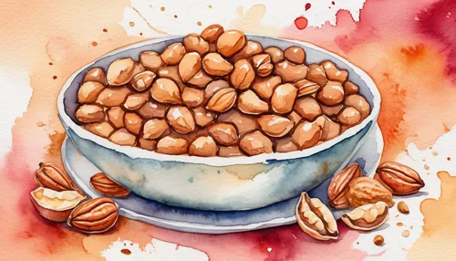 Design a mouthwatering dessert featuring caramelized peanuts as the star ingredient.,almond nuts,roasted almonds,coffee watercolor,pine nuts,bowl of chestnuts,caramelized peanuts,pumpkin seeds,indian 