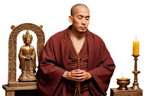 Monk, Buddhist priest, solemn expression, shaved head, brown robes, golden rosary beads, prayer wheels, incense sticks, candles lit, sacred scripture, intricate wood carvings, dim warm lighting, soft 