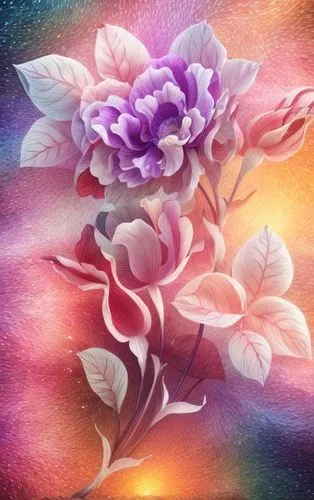 sunrise, add some sparkle animation,  a beautiful waterfall, purple color flower , brownish color of stem, greenish leaf,an artistic colorful painting with flowers in the middle,floral digital backgro